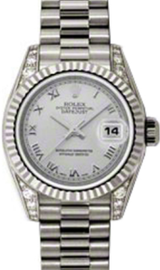 Rolex Lady-Datejust 26 179239-SLVRP Silver Roman Diamond Set Fluted White Gold President - BRAND NEW