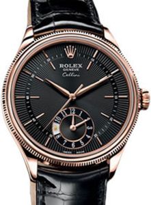 Rolex Cellini Dual Time 50525-BLK Black Guilloche Index Rose Gold Black Leather Manual BRAND NEW