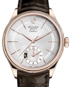 Rolex Cellini Dual Time Rose Gold Silver Guilloche Index Dial Domed & Fluted Double Bezel Tobacco Leather Bracelet 50525 - BRAND NEW