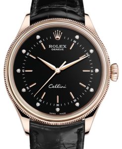 Rolex Cellini Time Rose Gold Black Diamond Dial Domed & Fluted Double Bezel Black Leather Bracelet 50505 - BRAND NEW