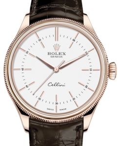 Rolex Cellini Time Rose Gold White Index Dial Domed & Fluted Double Bezel Tobacco Leather Bracelet 50505 - BRAND NEW