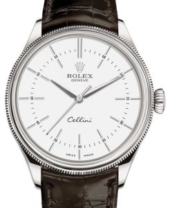 Rolex Cellini Time White Gold White Index Dial Domed & Fluted Double Bezel Tobacco Leather Bracelet 50509 - BRAND NEW