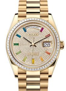 Rolex Day-Date 36 President Yellow Gold Diamond Paved Rainbow Sapphires Dial 128398TBR