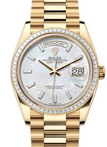 Rolex Day-Date 36 President Yellow Gold White Mother of Pearl Baguette Diamond Dial & Bezel 128398TBR