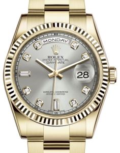 Rolex Day-Date 36 Yellow Gold Silver Diamond Dial & Fluted Bezel Oyster Bracelet 118238