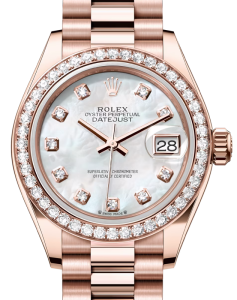 Rolex Lady Datejust 28 Rose Gold White Mother of Pearl Diamond Dial & Diamond Bezel President Bracelet 279135RBR - BRAND NEW