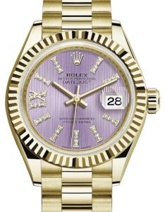 Rolex Lady Datejust 28 President Yellow Gold Lilac Diamond Roman IX Dial & Fluted Bezel 279178