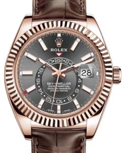 Rolex Sky-Dweller Rose Gold Dark Rhodium Index Dial Fluted Bezel Leather Strap 326135 - PRE-OWNED 