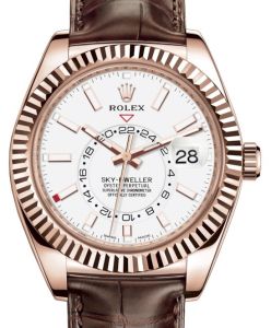 Rolex Sky-Dweller Rose Gold White Index Dial Fluted Bezel Leather Strap 326135 - BRAND NEW