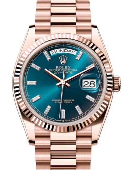 Rolex Day Date 36 President Rose Gold Blue Green Baguette Diamond Dial Fluted Bezel 128235